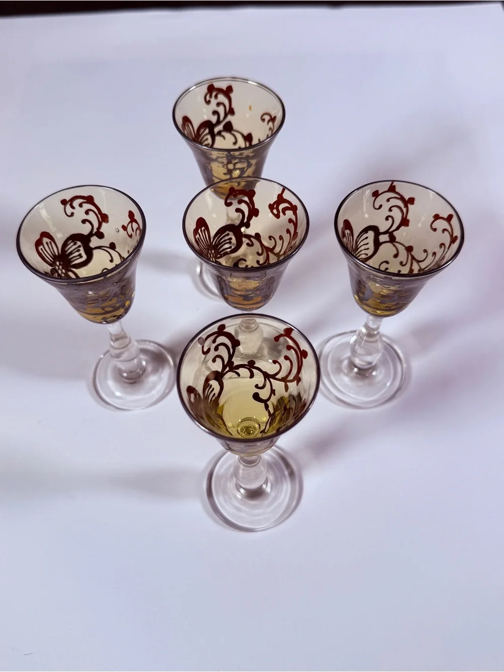Vintage Bohemian Amber Hand Painted Scroll Design Cordial Glasses, set of 5